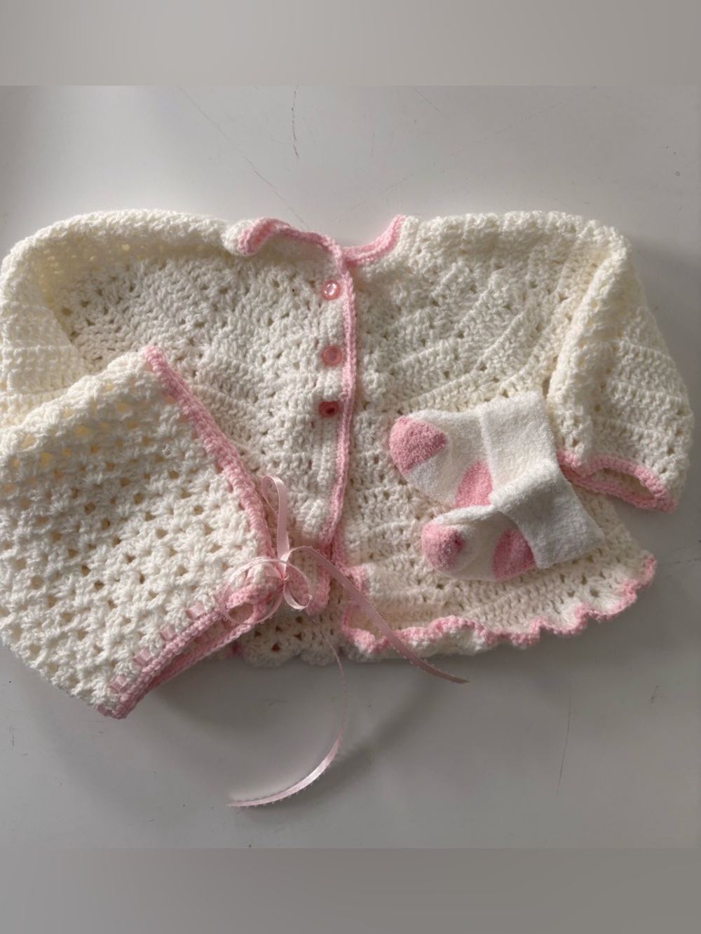 Handmade Crochet Baby Sweater with Pink Trim and Matching Bonnet and Socks